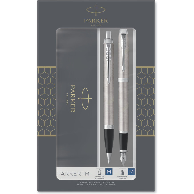 Набор из 2х ручек в подарочной коробке PARKER IM DUO STAINLESS STEEL CT;. Шариковая и перьевая ручка.
